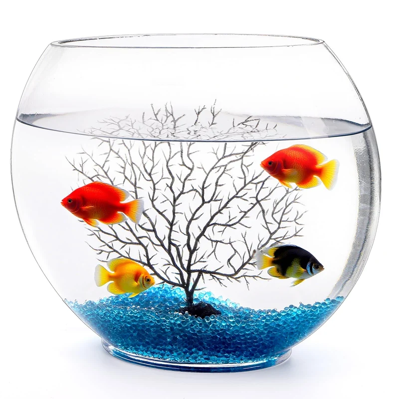 Okllen Mini Bocal en Verre Oblate - Aquarium Betta 3,8 L avec Décor Bleu et Branche d'Arbre Plastique
