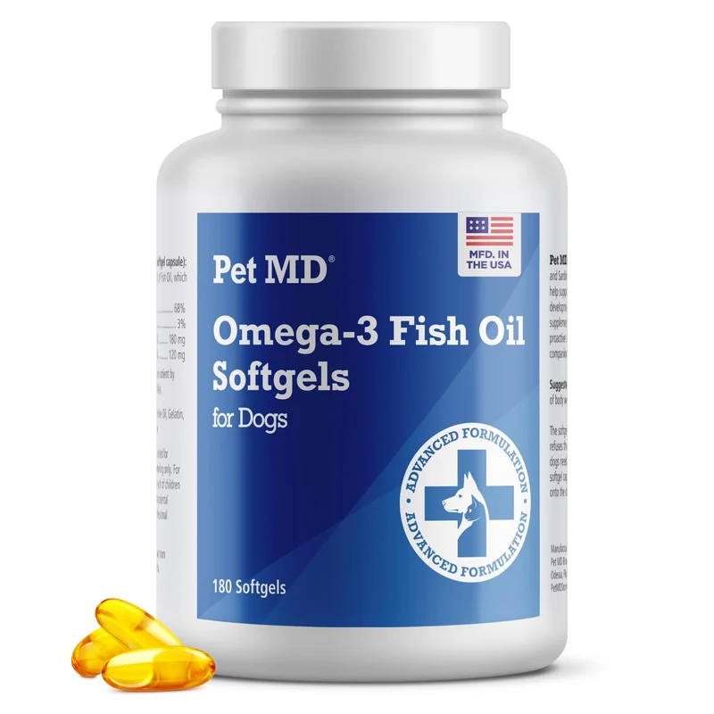 Pet MD – Omega 3 pour chiens, huile de poisson – soutien peau et pelage – 180 gélules molles