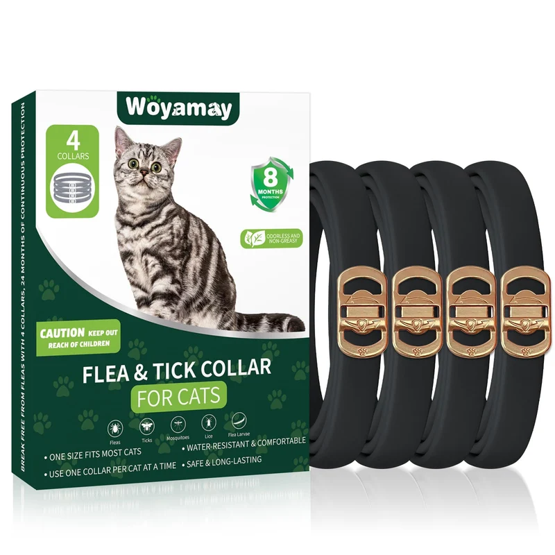 Woyamay Lot de 4 Cols Antipuces pour Chats – Puces et Tiques, 32 Mois, Étanche et Réglable