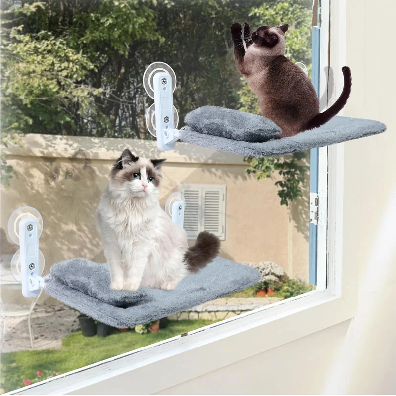 Wn's Day - Lot de 2 Perchoirs de Fenêtre pour Chats, Cadre Métal Robuste, Housse Réversible et Coussin Inclus