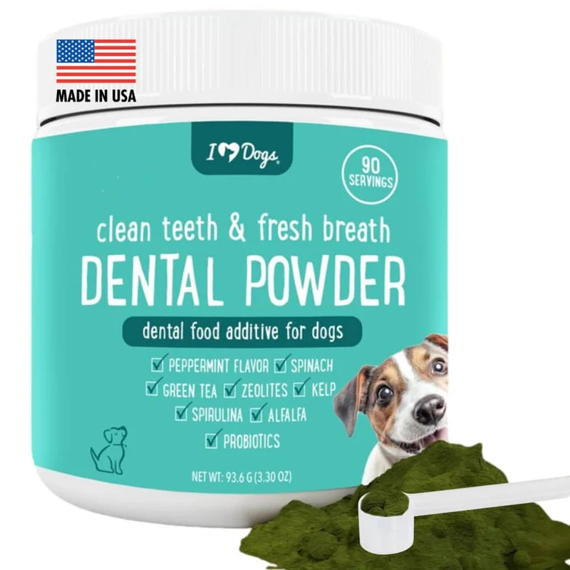 iHeartDogs Poudre dentaire pour chiens – dents propres, haleine fraîche et tartre ciblé – mélange naturel d'herbes, algues et probiotiques, menthe, 90 portions