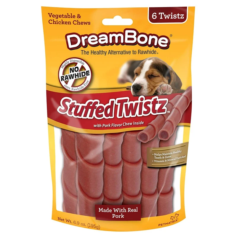 DreamBone Twistz Fourré au Porc – Friandise sans peau pour chiens, 6 pièces