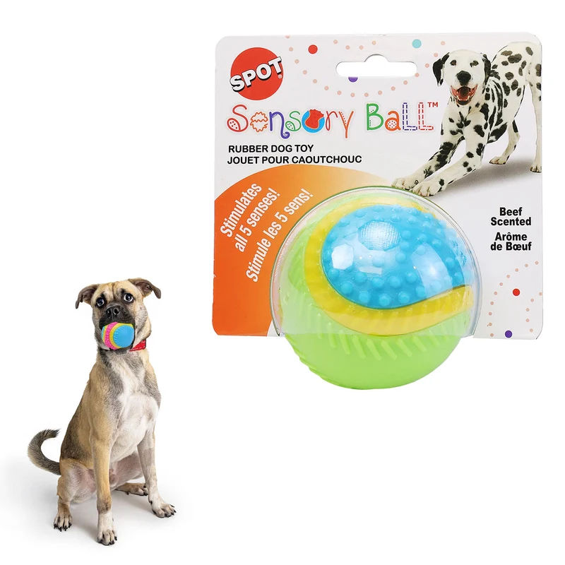 SPOT Balle Sensorielle pour Chiens – Jouet TPR 3,25 pouces avec Cloche, Sifflet et Textures Haute Contraste