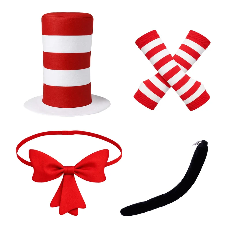Vzuito Ensemble Costume Chat 4 pièces – Chapeau haut de forme rouge et blanc, nœud papillon, gants et queue | Journée mondiale du livre, Halloween, Cosplay