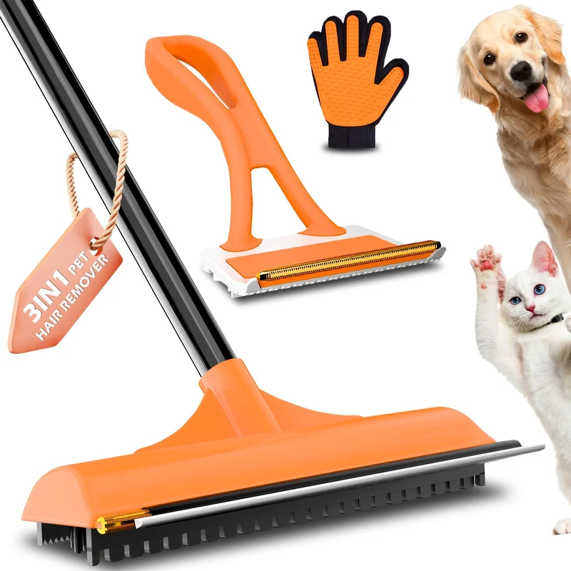 Leishiyen - Râteau Moquette 3-en-1 pour Poils d'Animaux, Manche Renforcé 58 Pouces