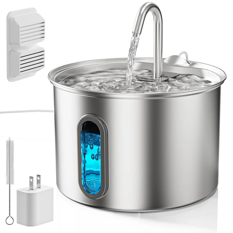 MJYNITE Fontaine pour chat en acier 304 - 2,8 L, silencieuse et filtration multi-étages