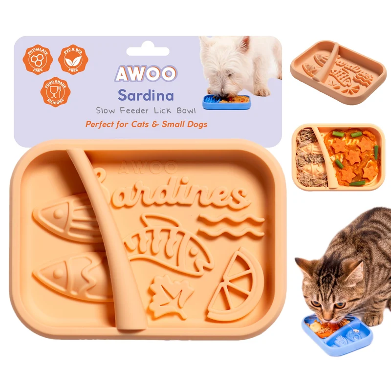 Awoo Sardina – Tapis de Léchage en Silicone et Mangeur Lent pour Chiens et Chats (Melon) – Ventouses & Lavable au Lave-Vaisselle