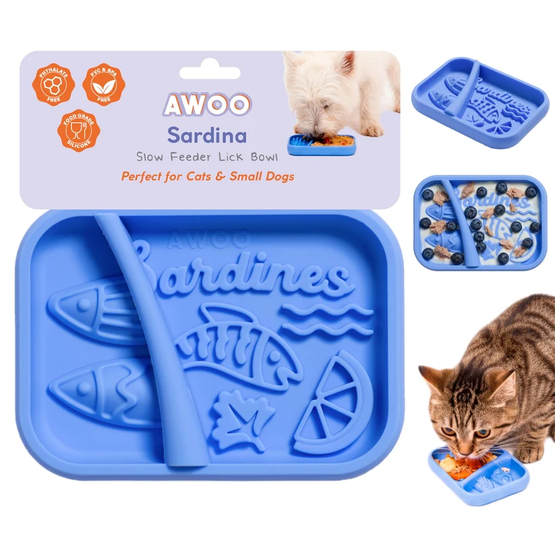 Awoo Sardina – Tapis de léchage en silicone pour chiens et chats, ralentisseur de repas avec ventouses – cobalt
