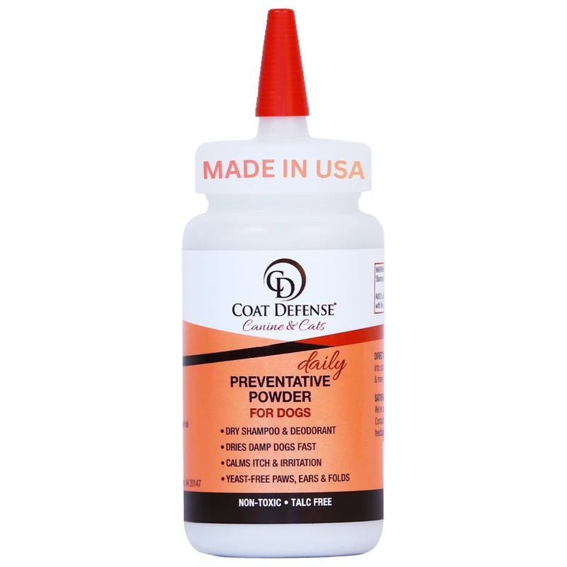 COAT DEFENSE Poudre Préventive Quotidienne (4,2 oz) – Shampooing Sec Sans Eau pour Chien