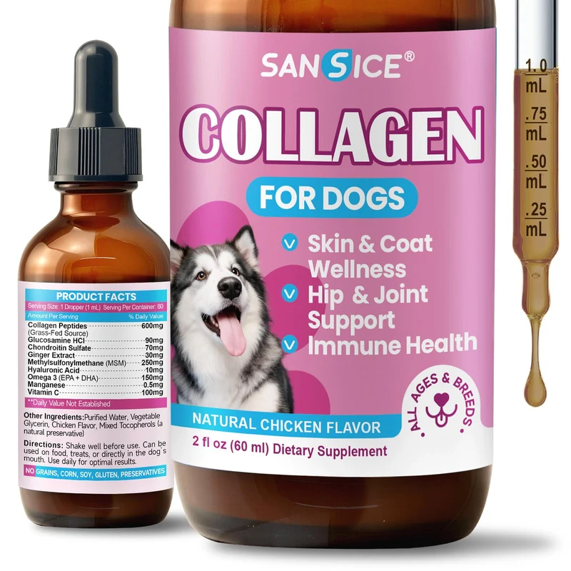 SANSICE collagène pour chiens – Soutien des articulations, peau et pelage | gouttes liquides avec oméga-3 et vitamine C