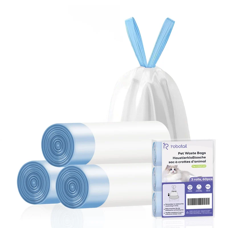 Robotail Sacs Litière Chat — 60 pièces, 3 rouleaux, compatibles C32/C42