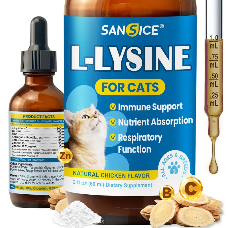 SANSICE L-Lysine pour Chats – Soutien Immunitaire et Respiratoire, Gouttes au Goût Poulet Naturel, 2 fl oz
