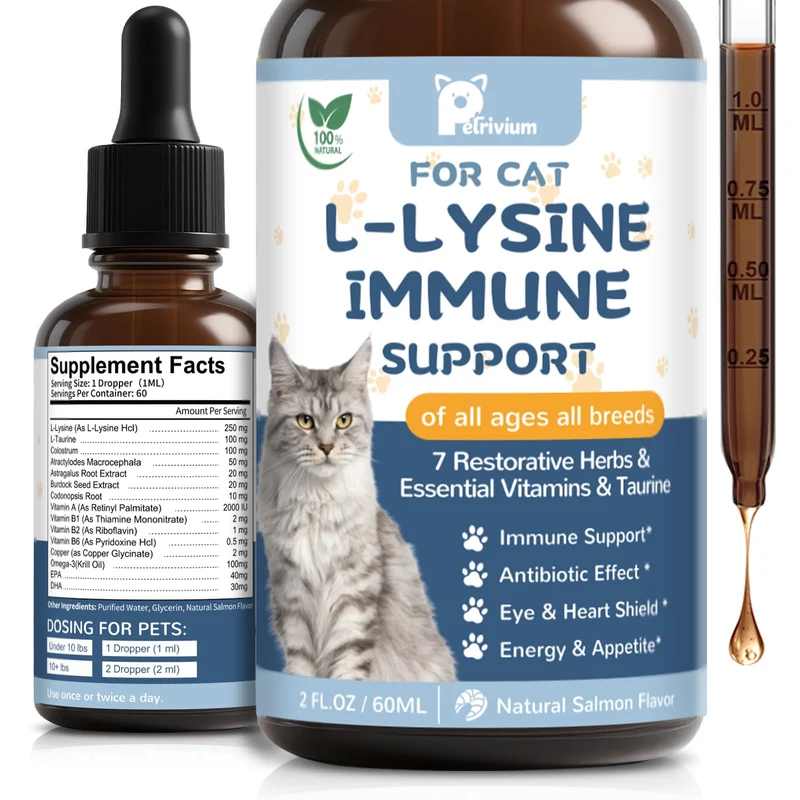 L-Lysine pour chats - Petrivium | Soutien immunitaire et confort respiratoire - Goût Slamon, 60 ml