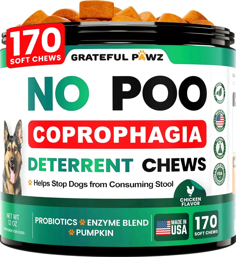 Grateful Pawz Gommes Anti-Coprophagie pour Chiens – 170 Gommes – Probiotiques et Enzymes – Fabriqué aux États‑Unis