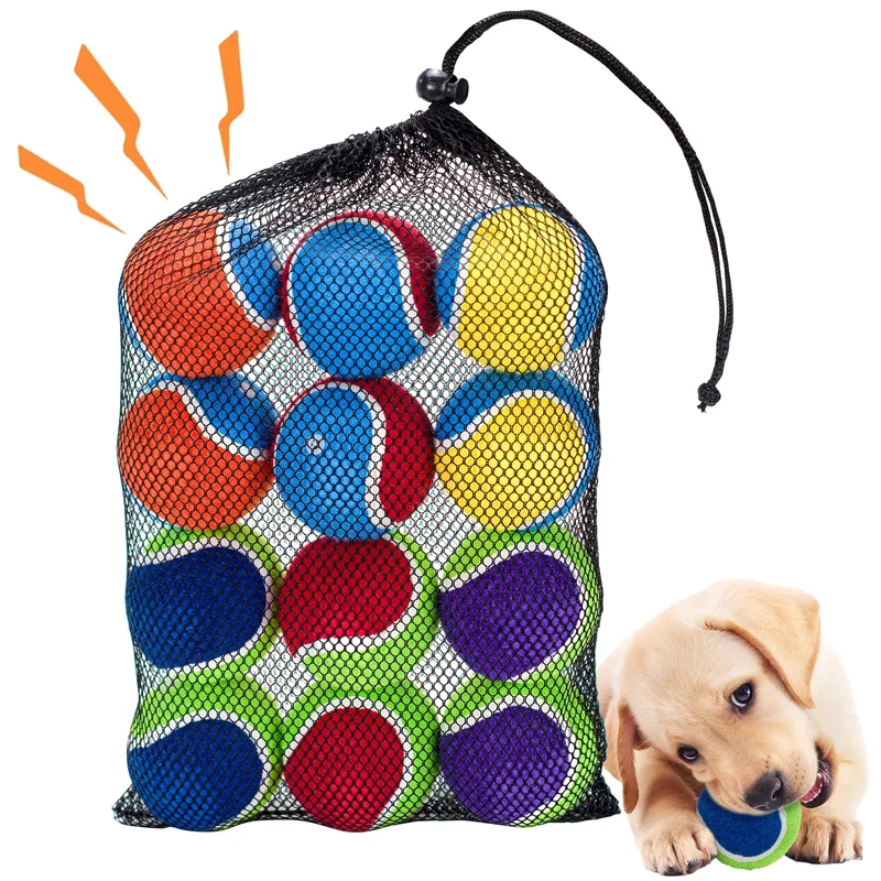 Ousiya Boules de Tennis Sifflantes pour Chiens – Lot de 12, Caoutchouc Naturel Durable 2,5'' + Sac Filet