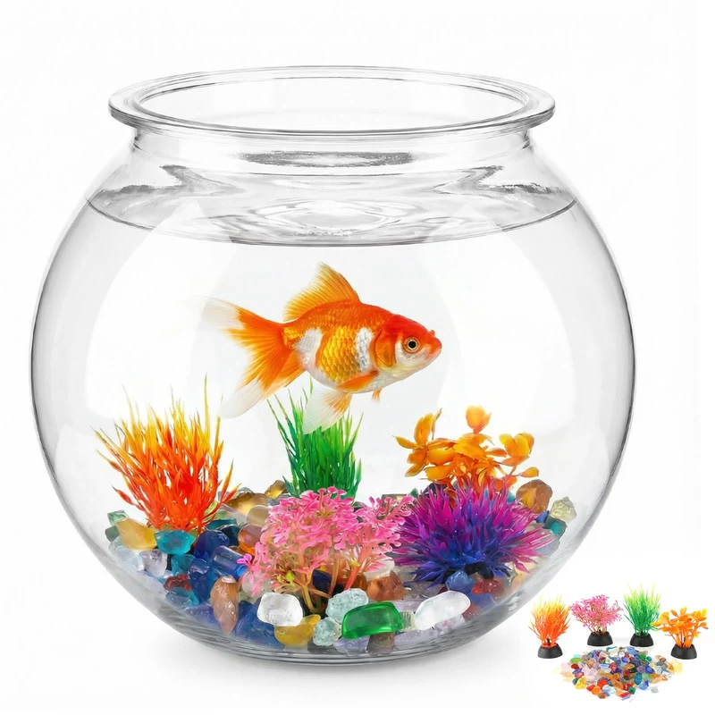 Plus tard - Lot bocal rond en plastique 1 gallon pour poissons, avec plantes décoratives et pierres colorées