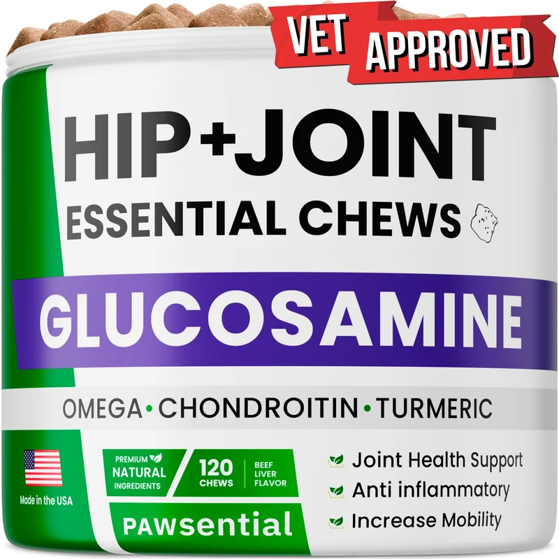 Pawsential Glucosamine pour Chiens – Friandises articulations avec Oméga, Chondroïtine et MSM – Soin naturel des hanches et articulations – 120 bouchées au boeuf