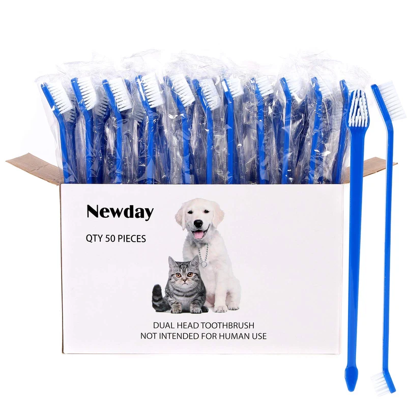 Newday – Brosse Dentaire Double-Tête pour Chiens et Chats, Lot de 50 Pièces, Poils Extra-Doux (Bleu)