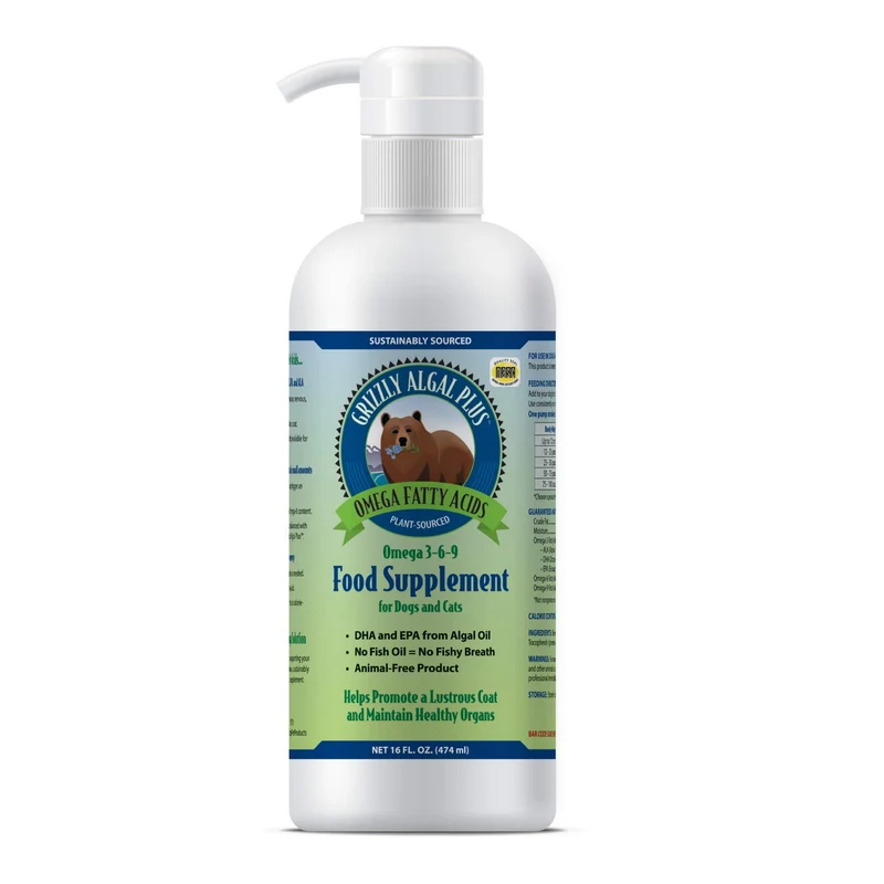 Grizzly Algal Plus Oméga 3-6-9 – Supplément végétal pour chiens et chats, flacon 473 ml
