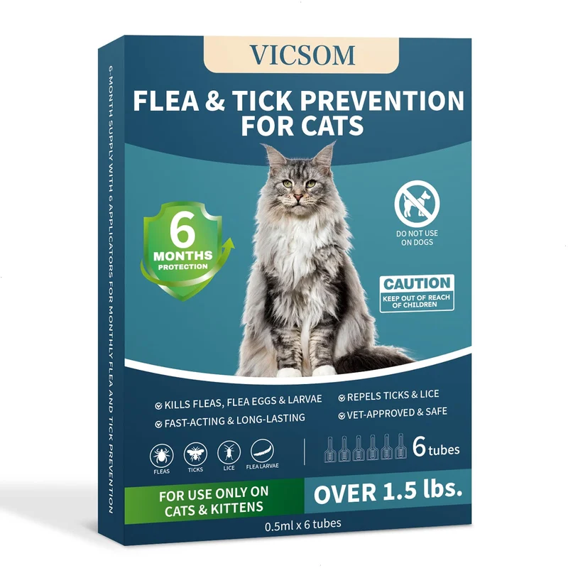 VICSOM Traitement Topique pour Chat – Prévention Puces et Tiques, 6 Mois d'Approvisionnement, Action Rapide (30 Jours)