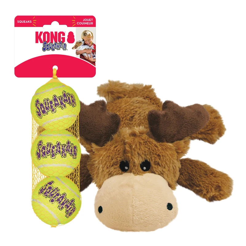KONG Cozie Marvin Moose et Boules SqueakAir – Ensemble Jouets pour Chien de Taille Moyenne