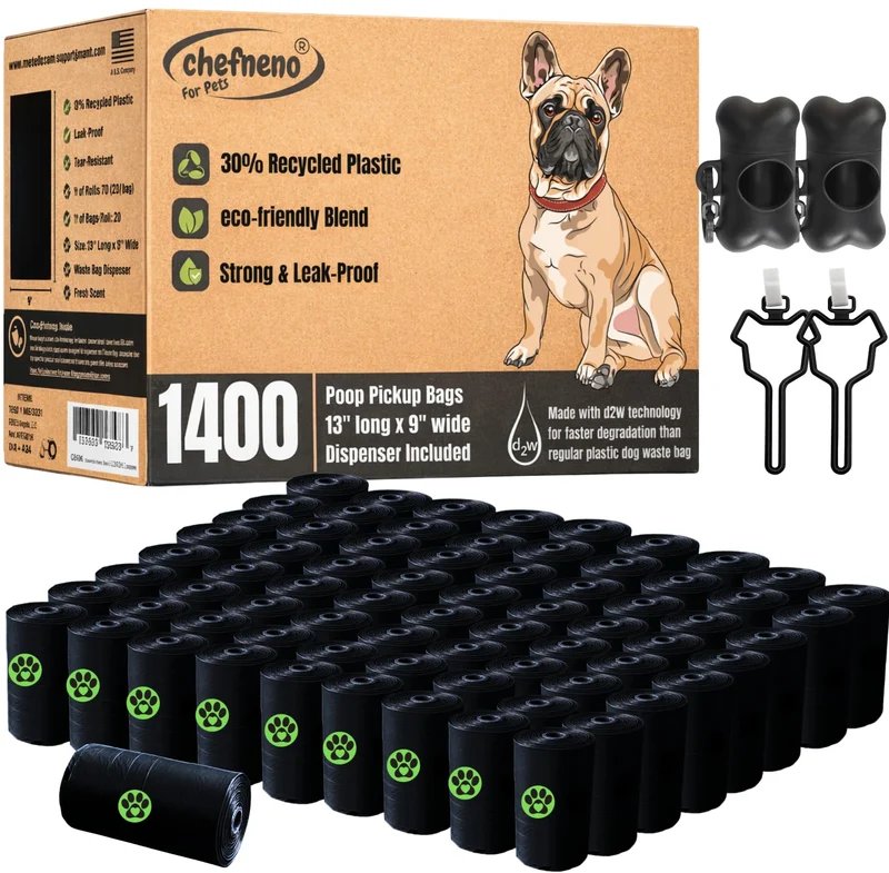 Pack économique CHEFNENO : Sacs à déjections canines extra épais – 1400 unités, biodégradables, avec distributeur