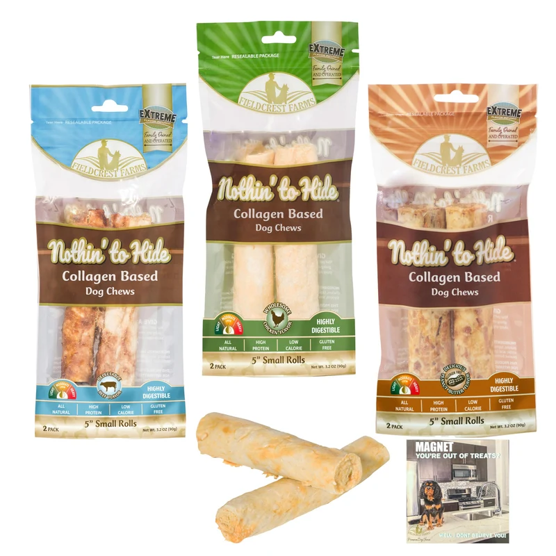 Fieldcrest Farms Nothing to Hide Rolls – Bouchées sans cuir pour chiens (Lot de 3) Poulet, Boeuf et Beurre de Cacahuète | Friandises digestibles jusqu’à 16 kg