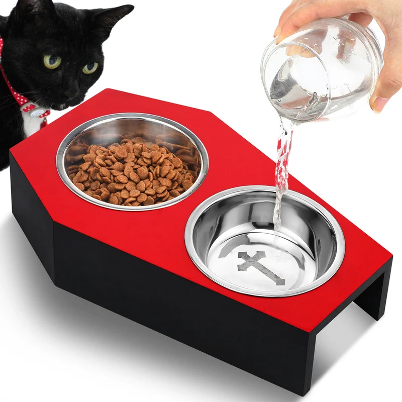 Teenyyou Bol Chat Gothique Surélevé en Coffre Bois – 2 Bols Inox | Halloween/Noël