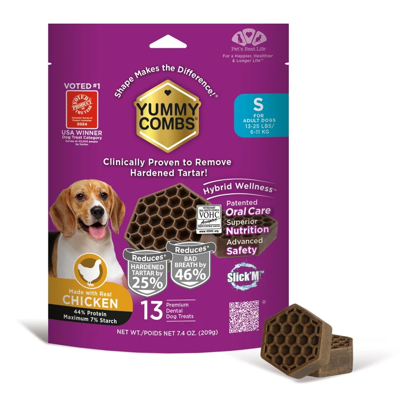 Friandises dentaires Yummy Combs pour chiens — approuvées VOHC, éliminent le tartre et nettoient les dents – snack protéiné au poulet pour petits chiens (mini pack, 13 pièces)