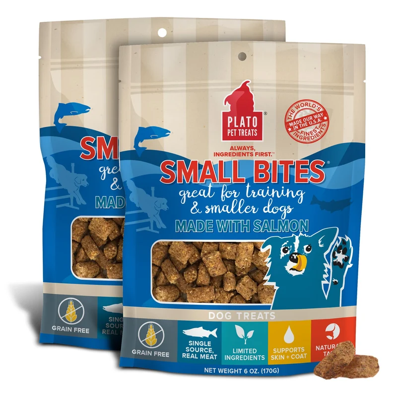 PLATO Friandises pour Chiens – Petites Bouchées Séchées pour l’Entraînement au Saumon, Ingrédients Limités, Digestion Saine – Lot de 2 x 170 g