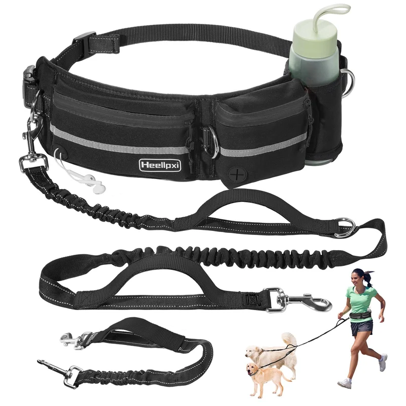 Heellpxi Longe mains libres avec ceinture taille et double poignée – chien moyen/grand – noir
