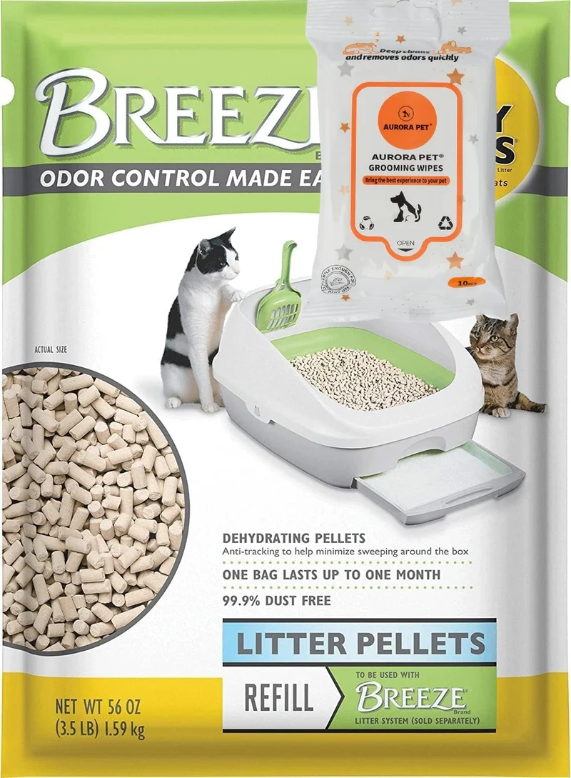 Galets Breeze pour litière de chat — Recharge 3,5 lb + Lingettes Humides Aurora Pet