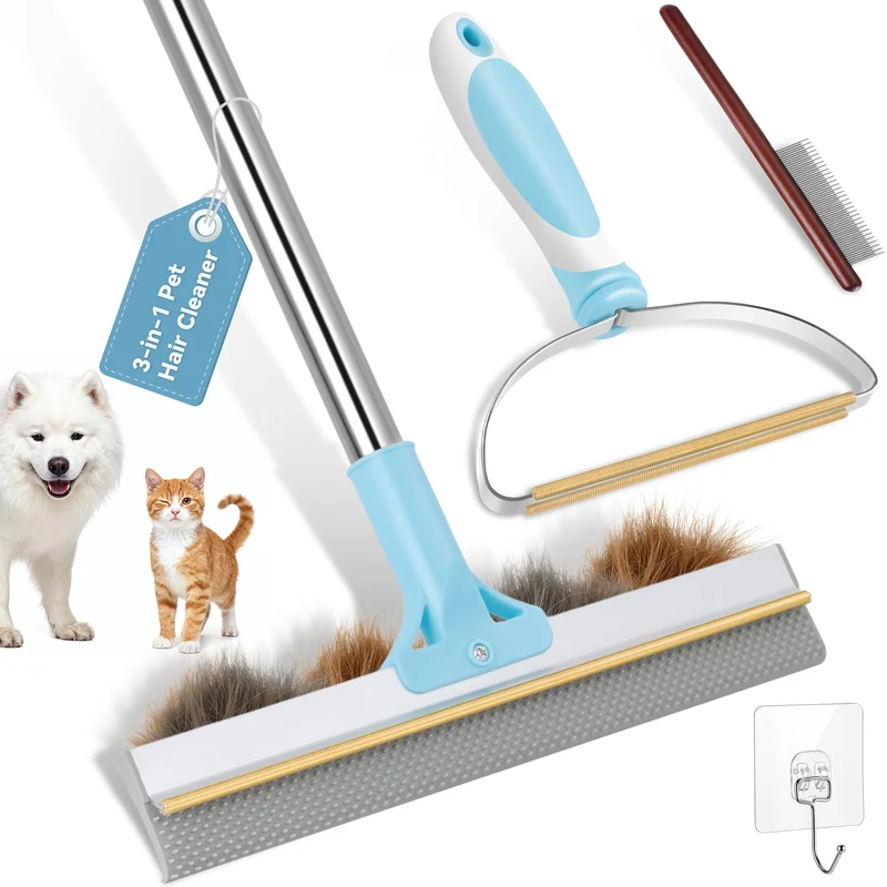 LEECICILE – Râteau Anti-Poils Pour Animaux 3-en-1, Manche Réglable 63 po, Nettoyage Tapis, Canapé et Voiture