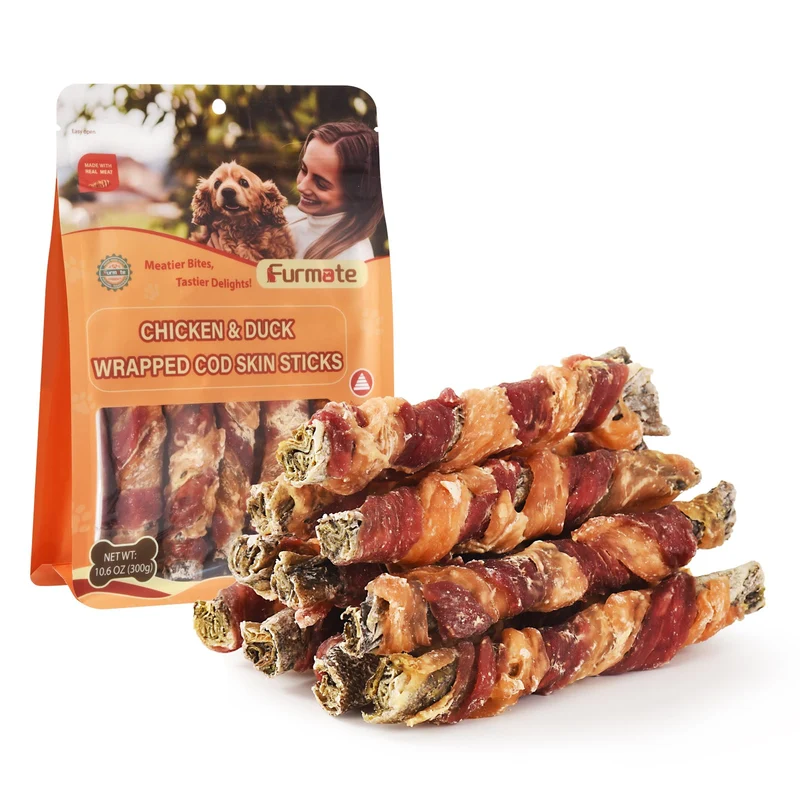 Furmate Friandises pour chiens – Bâtonnets peau de morue enrobés de poulet et canard, sans Rawhide, riches en oméga-3, 300 g