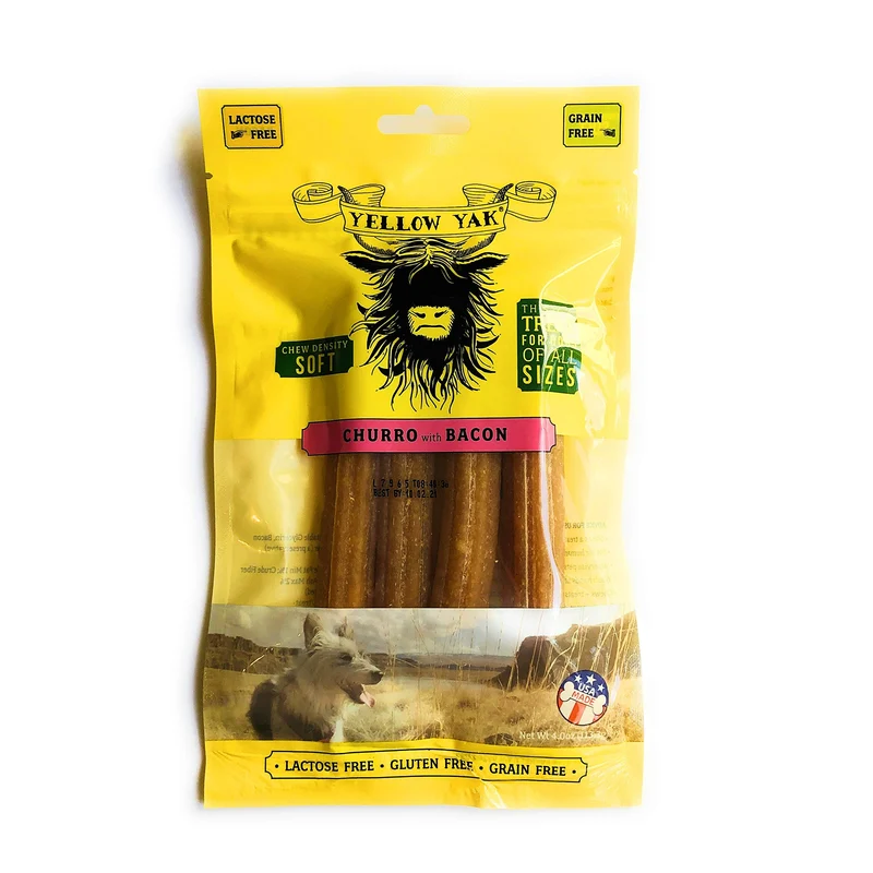 Yellow Yak Churro Chew – Fabriqué aux États‑Unis – Sans lactose, sans soja, sans céréales et sans gluten – Pour tous les chiens | 4 bouchées saveur fromage et bacon