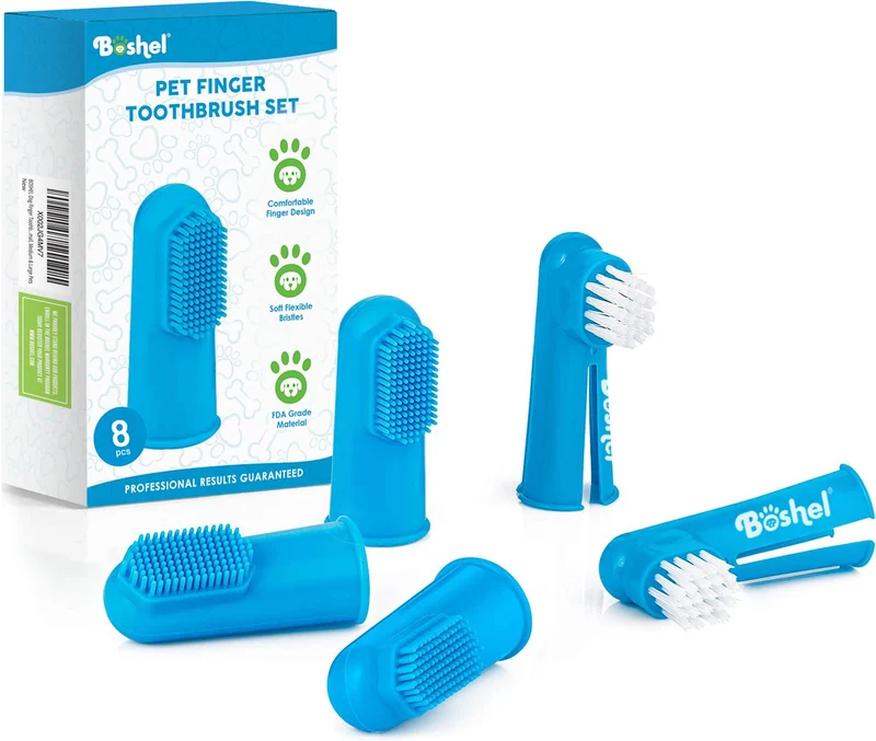 Boshel Brosses Doigts pour Chiens – Kit 8 Pièces, Silicone et Nylon, Bleu