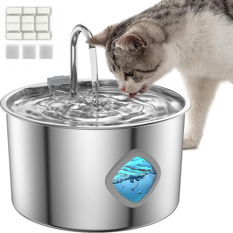 FOOPOMARY Fontaine d'eau chat 3,2 L – Acier inoxydable, filtre 4 étapes, pompe silencieuse, fenêtre LED
