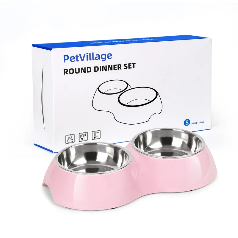 Petvillage Gamelles Duo en Inox avec Support Rose – Bols Antidérapants 4 oz