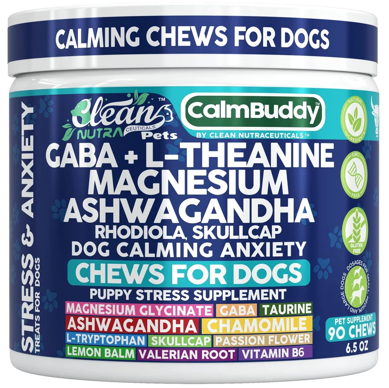 CalmBuddy – Bouchées apaisantes pour chiens | GABA, L‑Theanine, Magnésium, Ashwagandha, Rhodiola – Saveur bœuf, 60 bouchées | Clean Nutraceuticals