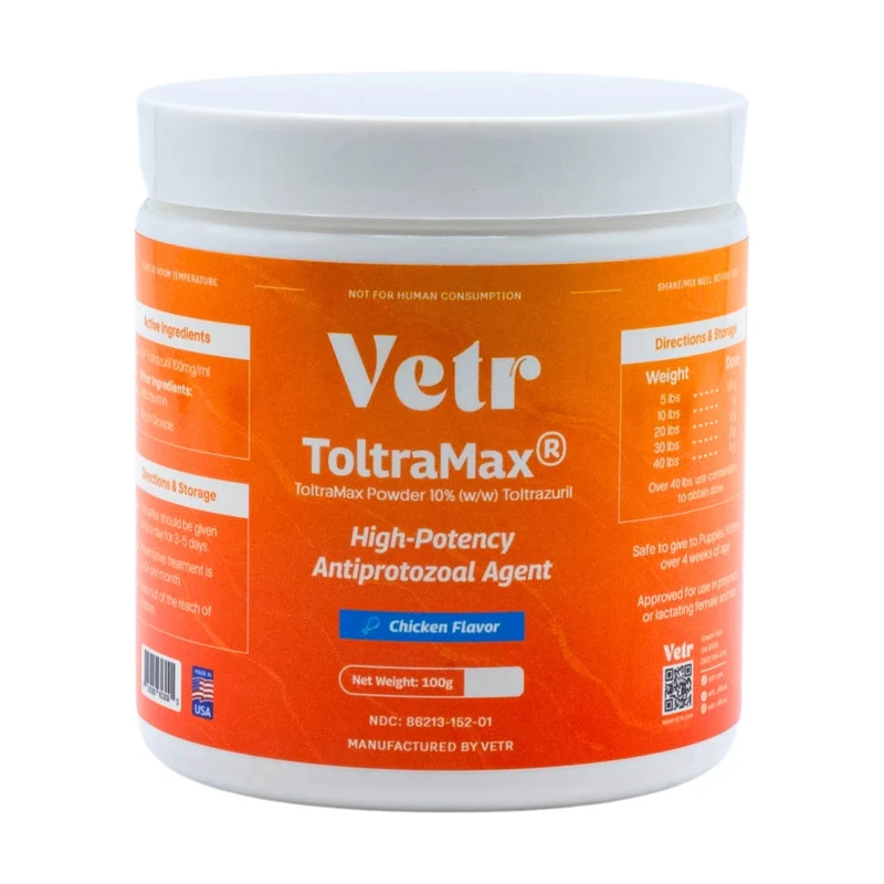 Vetr Toltramax Toltrazuril Poudre 100 g – 10% goût poulet pour chevaux, chiens et chats