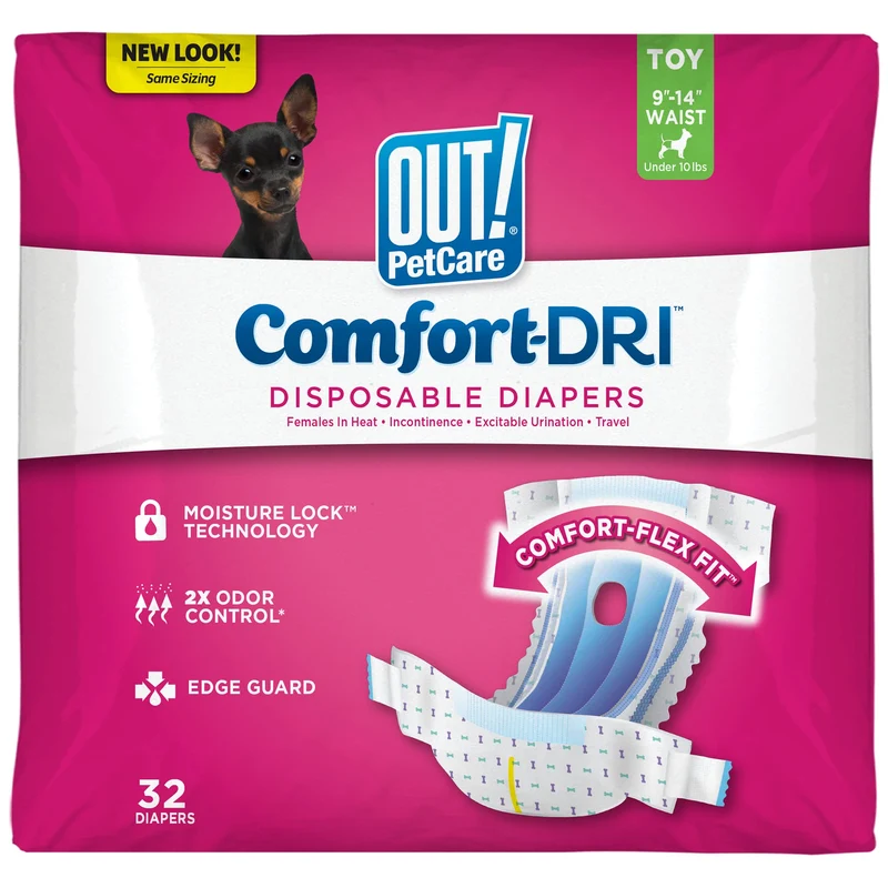 OUT! Petcare Couches jetables pour chien femelle — entraînement, incontinence et chaleur (9–14 po, Taille Toy, 32 unités)