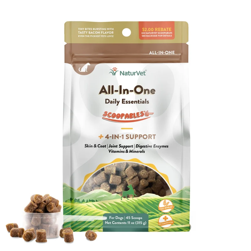 NaturVet Scoopables All-in-One pour Chiens – Multivitamines et Soutien Digestion, Articulations et Peau – Saveur Bacon Hickory, 11oz