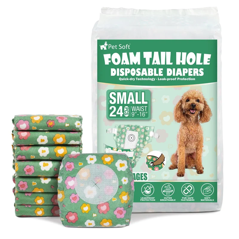 Pet Soft – Couches jetables pour chienne femelle (Petit, 24 pièces, vert) – Trou de queue réglable
