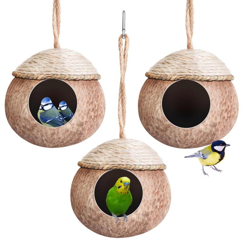 Suzile – 3 Nids Coco Naturels pour Cage, Maison Suspendue pour Oiseaux