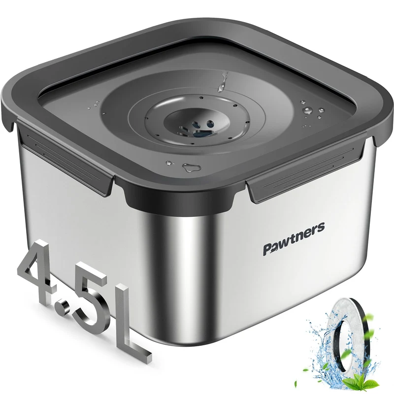 Pawtners Bol d'Eau Chien Sans Débordement 4,5 L – Inox, Filtration Active, Base Antidérapante