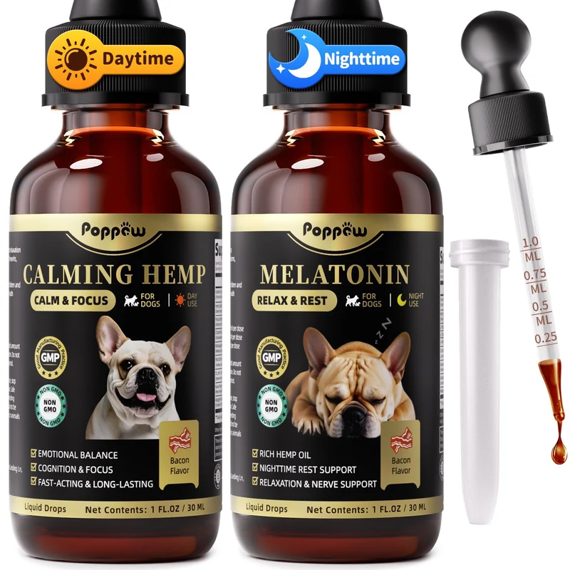 POPPAW Gouttes Calmes pour Chiens – Jour & Nuit, Saveur Bacon, 2 oz | Soutien émotionnel potentiel