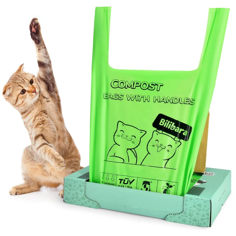 Bilibara Sacs Compostables pour Chat – 110 Sacs, Poignées, Senteur Fraîche et Étanches
