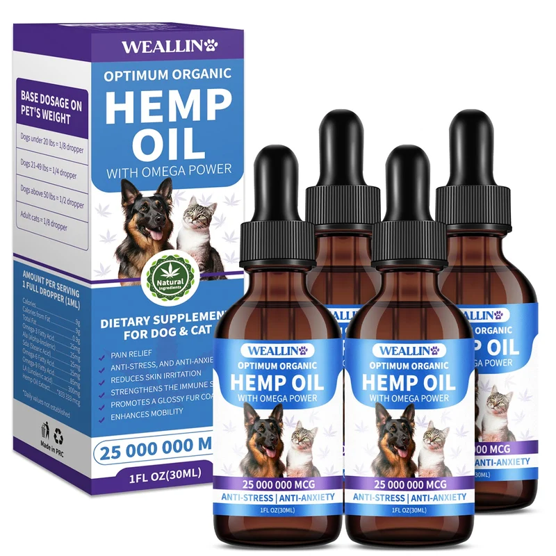 WEALLIN Huile de Chanvre pour Chiens et Chats – Oméga 3-6-9 Biologique – Apaise anxiété et douleurs (4 Paquets)
