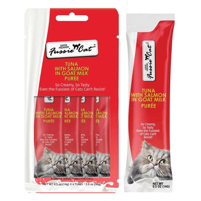 Fussie Cat Thon Saumon en Purée Lait de Chèvre – Friandises à Lécher, 4 Sachets 0,5 oz