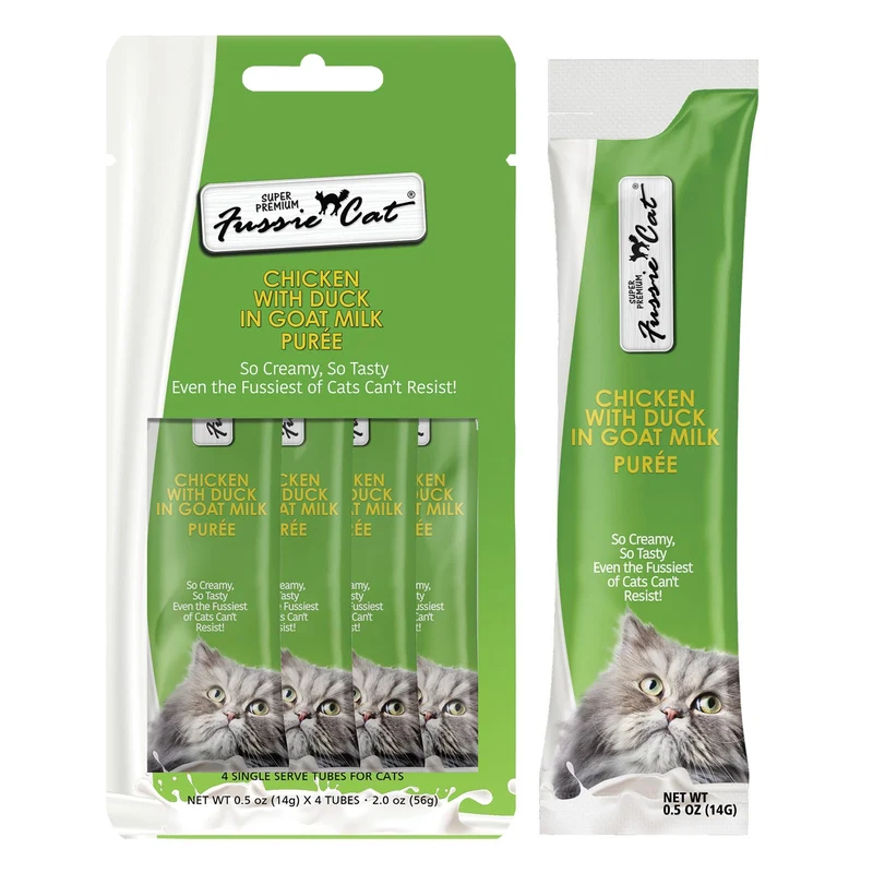 Fussie Cat Purée à Lécher – Poulet et Canard au Lait de chèvre, Sans Céréales – Lot de 4 Portions